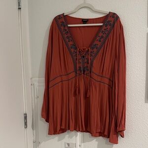 Torrid Terracotta Blouse with Navy Embroidery